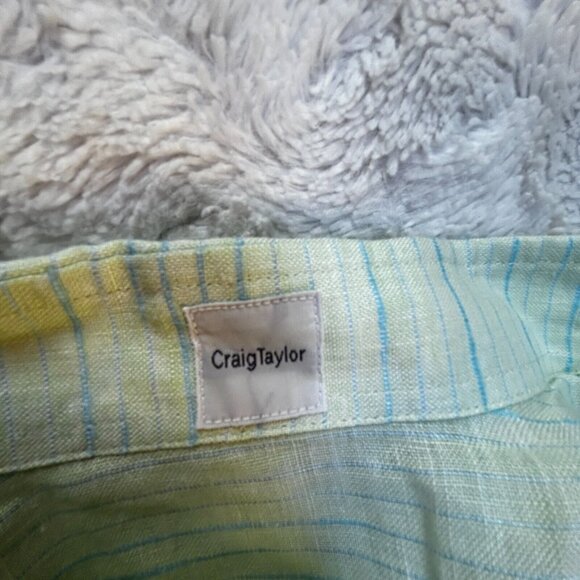 Craig Taylor Men's Button Down Long Sleeve Top Lightweight Linen Stripe Green - Picture 3 of 8